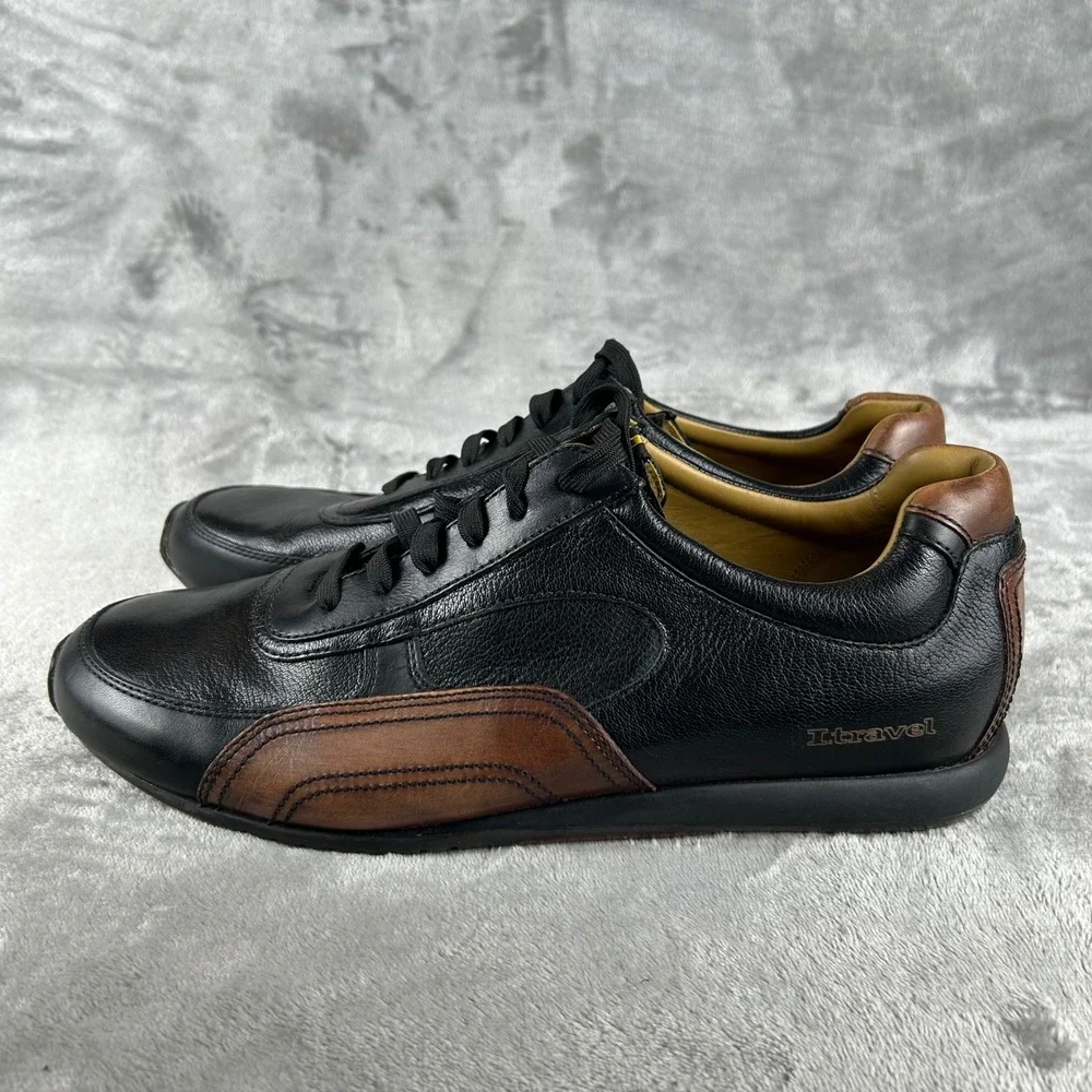 I.Travel Black Brown Leather Sneakers Mens 44EU Low Top Lace Up APM4301B